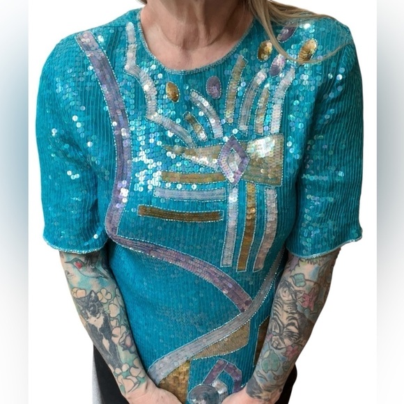 Pantagis Aqua abstract Vintage 70s/80s beaded silk sequin blouse-XL - Picture 4 of 9